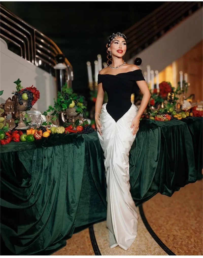White Black Women's Prom Dress Sexy Off Shoulder Sleeveless Lace Up Back Ruffles Long Formal Sheath Pageant Party Evening Gown