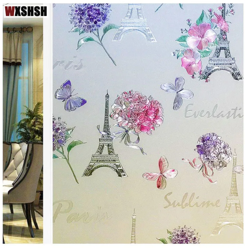 Eiffel Tower Pattern Glass Film Static Cling Vinyl Decorative Glare-Reduction Window Foil For Window Door Cabinet Table Surface