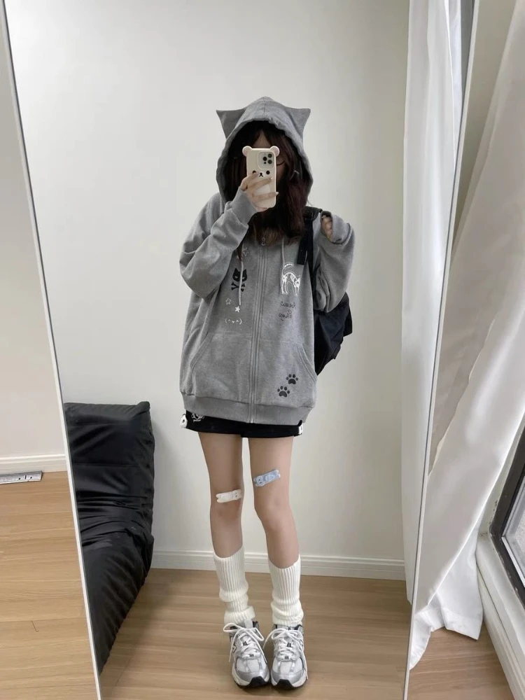 Ins Style Cute Grey Cat Zip-Up Hoodie Women Fall Winter Long Sleeve Soft Girl Warm Fleece Lined Outerwear
