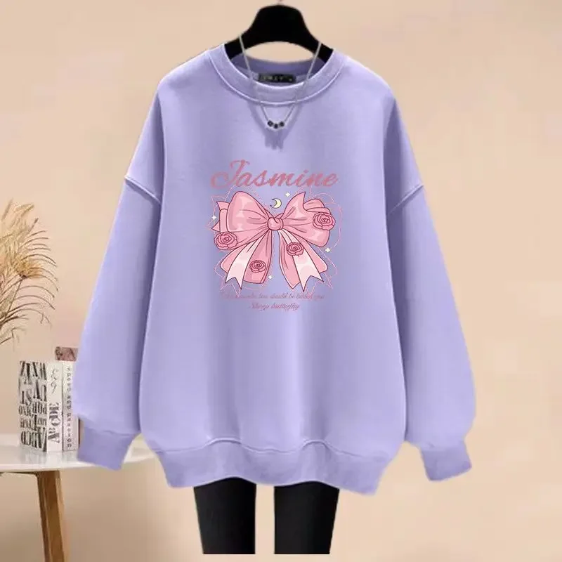 Felpe casual moda autunno inverno felpe con cappuccio a maniche lunghe con scollo stampato con fiocco comfort nozioni di base pullover larghi da donna