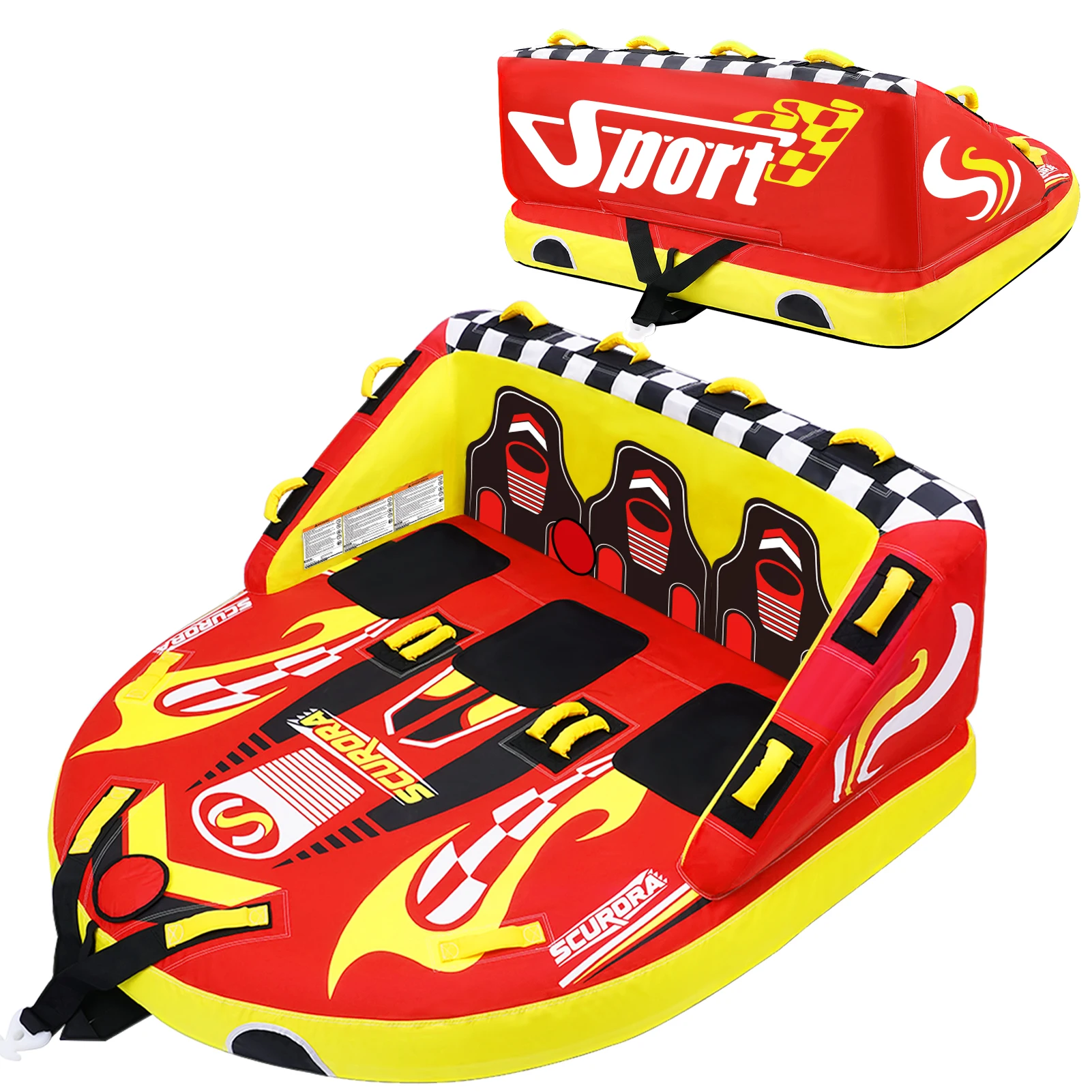 3 Person Towable Tube for Boating, Inflatable Sofa Boat Tube with Front & Back Tow Points, 0.65mm PVC & 840D Nylon Cover, for Lake River Water Sports Fun
