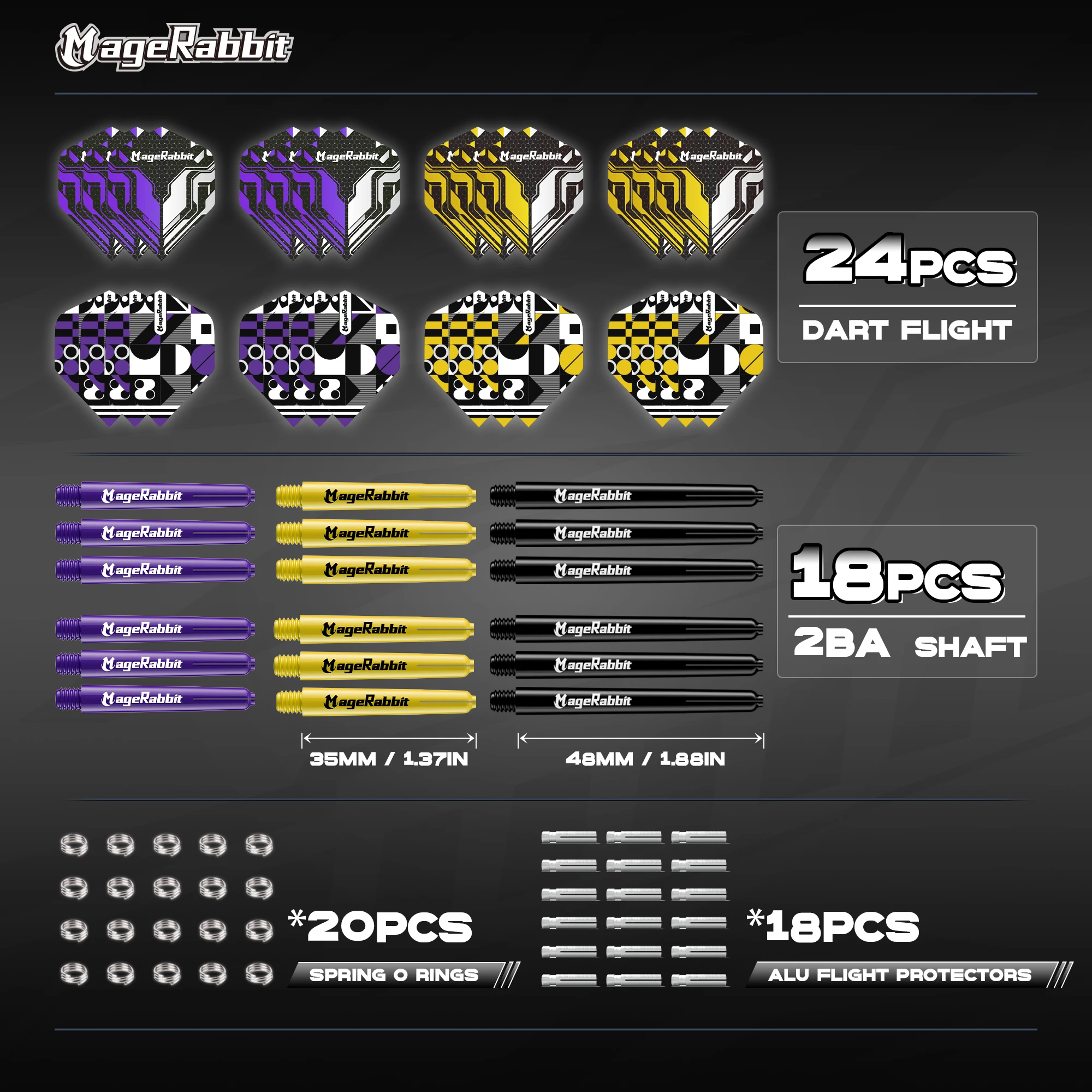 MageRabbit Brass Hard Tip Dart Kit: 3x21g Barrels, 6 Pro Shafts, 8 PE No.2 Flights, 15 Alum. Protectors, 20 O-Rings, All-in-One