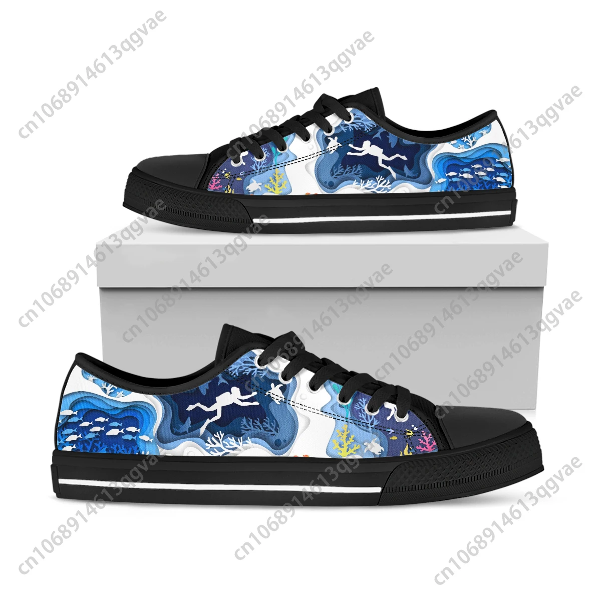 

Blue Sea Diving Pattern Low Top Sneakers Mens Womens Teenager High Quality Canvas Sneaker Couple Shoes Custom Personalized Shoe