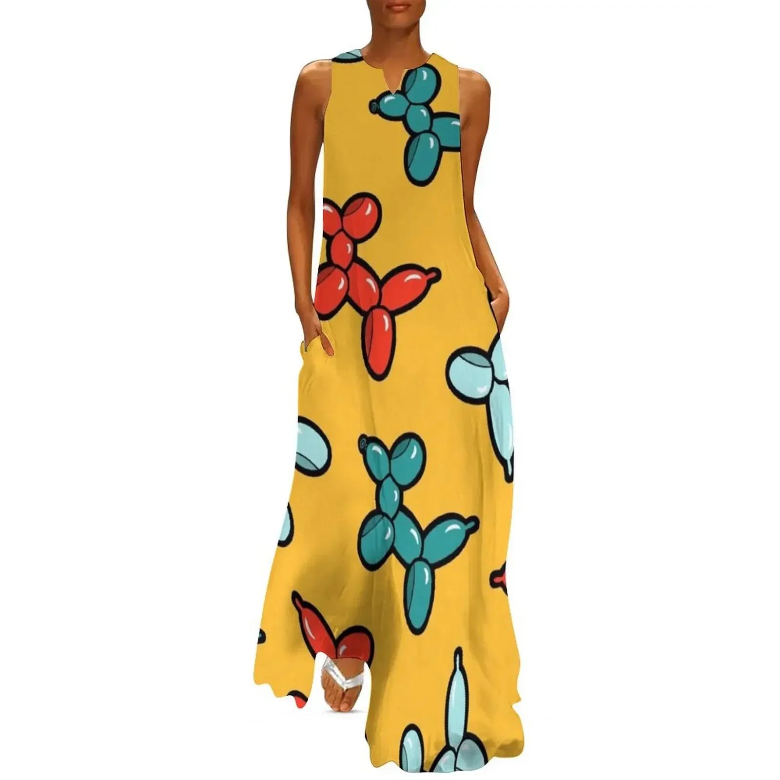 

Balloon Animal Dogs Pattern in Yellow Long Dress womans clothing women's luxury party dress dresses for special events Dress