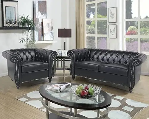 2 Pieces of Living Room Furniture Sofa Sets Modern Contemporary Tufted Button Faux Leather Accent Club Chair Loveseat Sofas