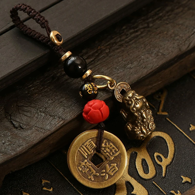 Retro Brass Copper Coin Pixiu Keychains for Men Lucky Money Vintage Wealth Fengshui Moto Keyring Weaving Rope Black Red Beads