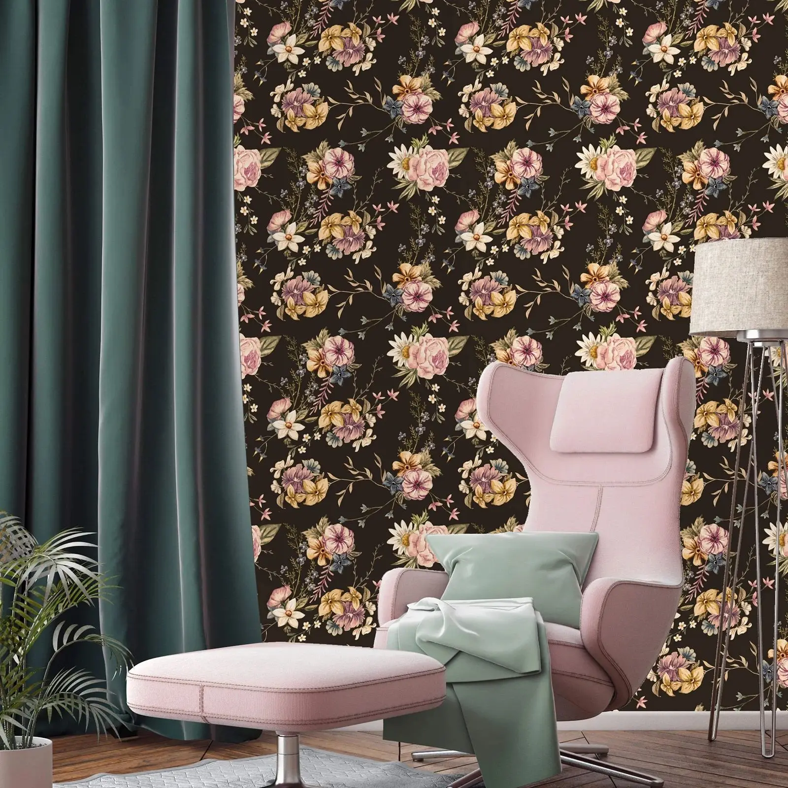 Vintage Flower Wallpaper,Floral In Dark Back Bedroom Sticker Wallpaper, Colliding Color Decoration Wallpaper For Home,50CM*300CM