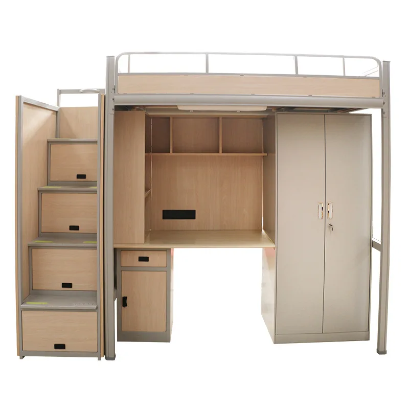 Steel wood bed with wardrobe combination wrought iron double layer