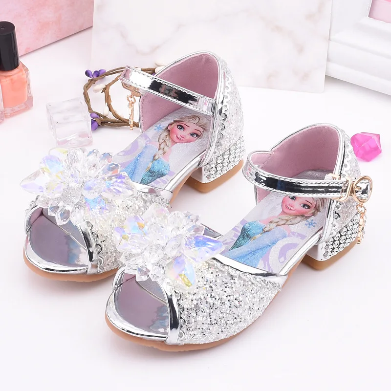 Disney Girls Sandals Frozen 2 Elsa Princess Cosplay Shoes Teens Girls Crystal Shoes Children High Heels Catwalk Show Shoes