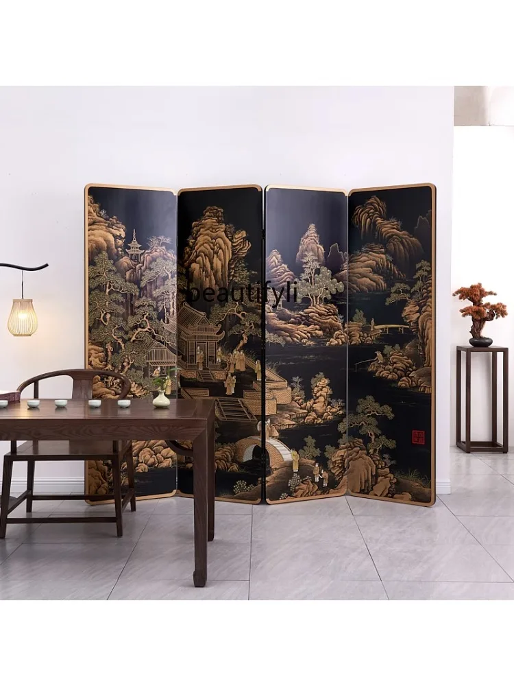 Character Landscape Screen Ancient Chinese Style Hand Painted Lacquer Painting Home Decoration Hotel Club Folding Partition