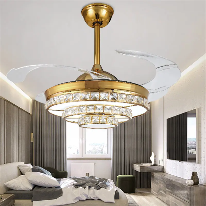 High Quality luxury LED Crystal fan lights living room modern fan with remote control Ceiling Fans 110V 220V Ceiling Fans