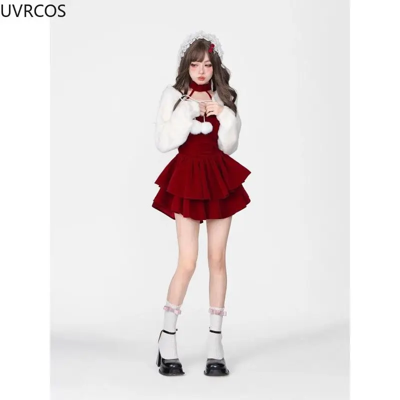 Ensemble deux pièces Kawaii Sweet Lolita pour femmes, haut châle blanc de Style coréen, Mini robe de soirée mignonne, costume de noël rouge japonais Y2k, 2024