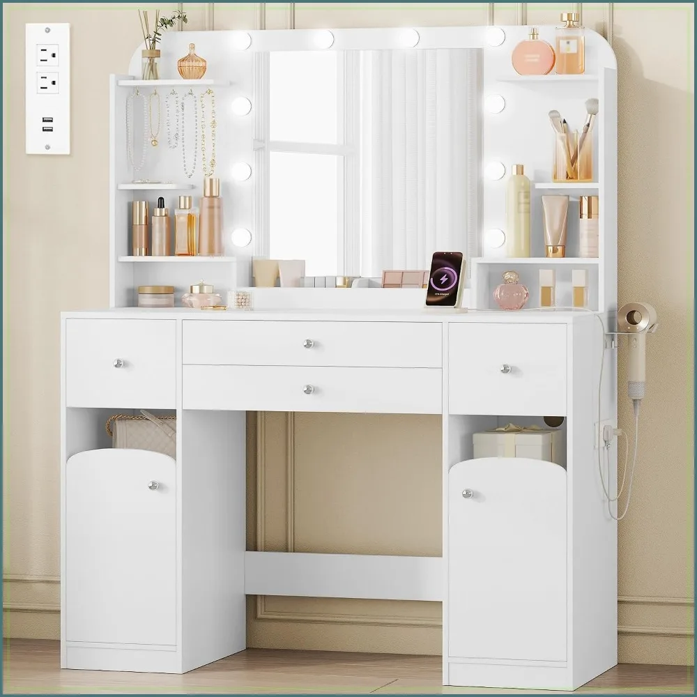 White Vanity Desk with Mirror, LED Lights, Power Strip, 4 Drawers, 42.5in Tabletop