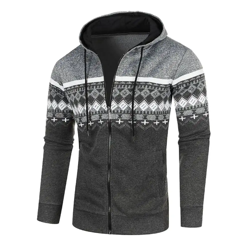 Mens Hoodies Sweatshirt Trendy Printed Hooded Knitwear Coat Simple Zipper Cardigan Jackets Outdoor Warm Fleece Sweater Outerwear