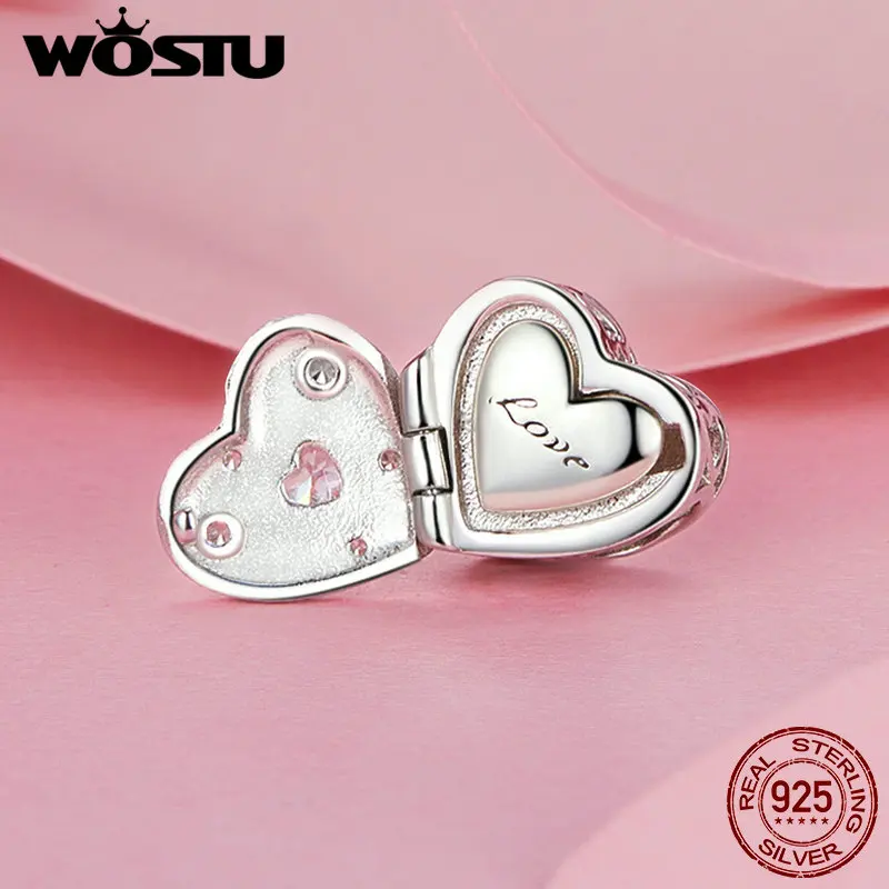 Wostu 925 prata esterlina rosa amor carta pingente propor coração caixa charme bloqueio corrente de segurança caber pulseira original presente dos namorados