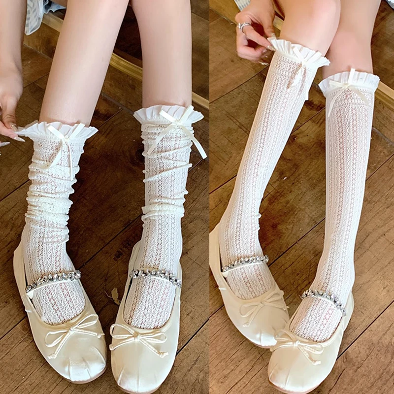 2025 الحلو Bowknot Sockings الدانتيل شبكة جوارب طويلة إلى الركب لطيف كشكش موضة مطابقة العجل الجوارب لوليتا الجوارب الطويلة للنساء الفتيات #3