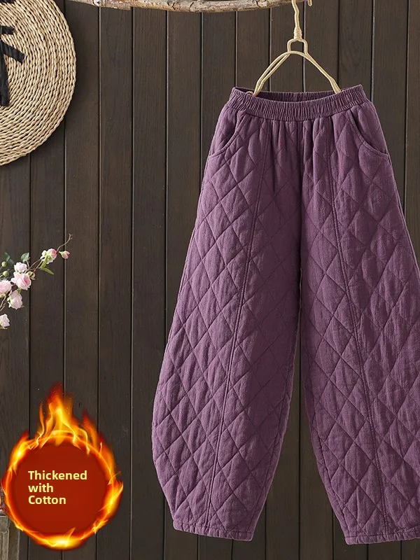 Thickened Cotton Pants for Women High Waist Straight Leg Winter Warm Lantern Pants Diamond Stitching Cotton Linen Trousers