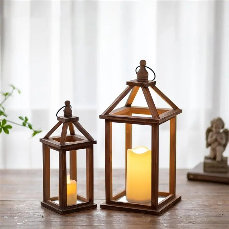 EYFL-Set Of 2 Rustic Wooden Candle Holder-Lantern-12
