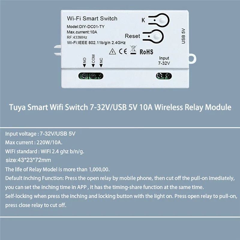 

Умный выключатель Tuya с таймером, 1 канал, 7-32 В, USB, 5 В, 2,4 ГГц