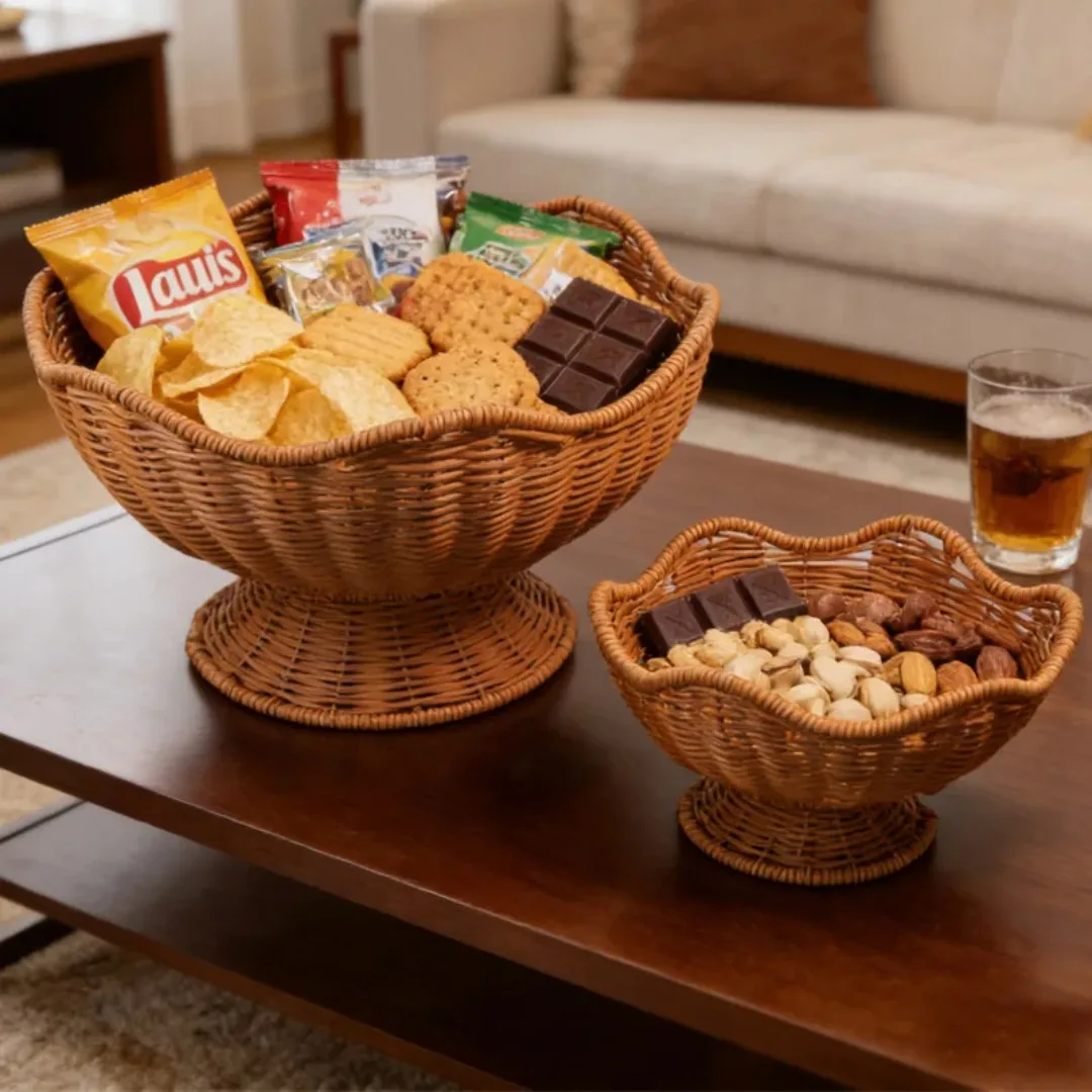 Hand Woven Scalloped Pedestal Imitation Rattan Fruit Bowl Elevated Serving Tray Coffee Table Decor Storage Basket for Snacks view 2