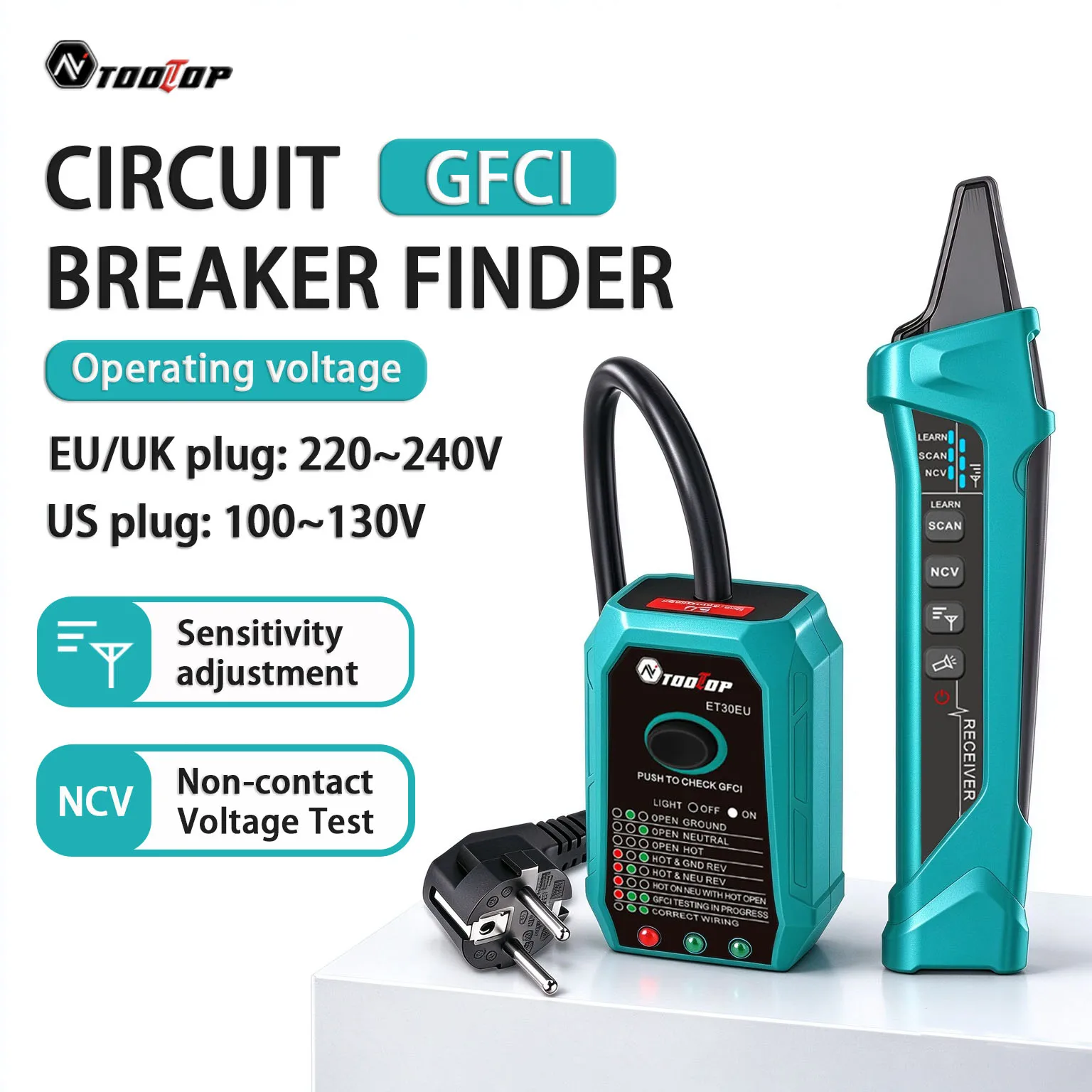 TOOLTOP ET30 GFCI Circuit Breaker Finder EU/UK/US NCV Socket Tester Wiring Test Household Electrical Circuit Faults Checking