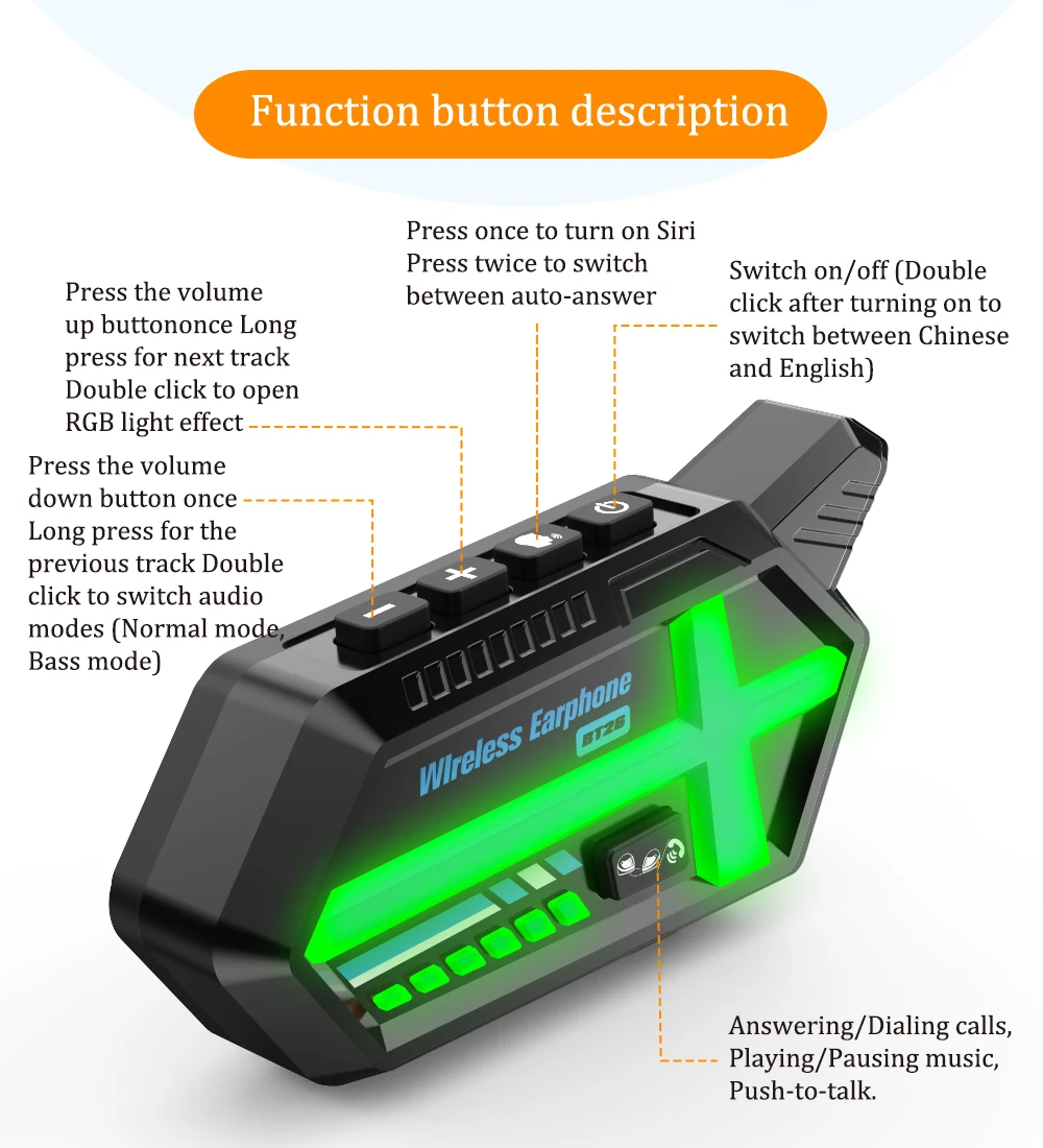 Oreillette Bluetooth 5.4 pour moto, appareil de communication pour casque, portée 800m, interphone étanche, écouteurs, lecteur de musique, haut-parleur avec lumière ambiante RVB