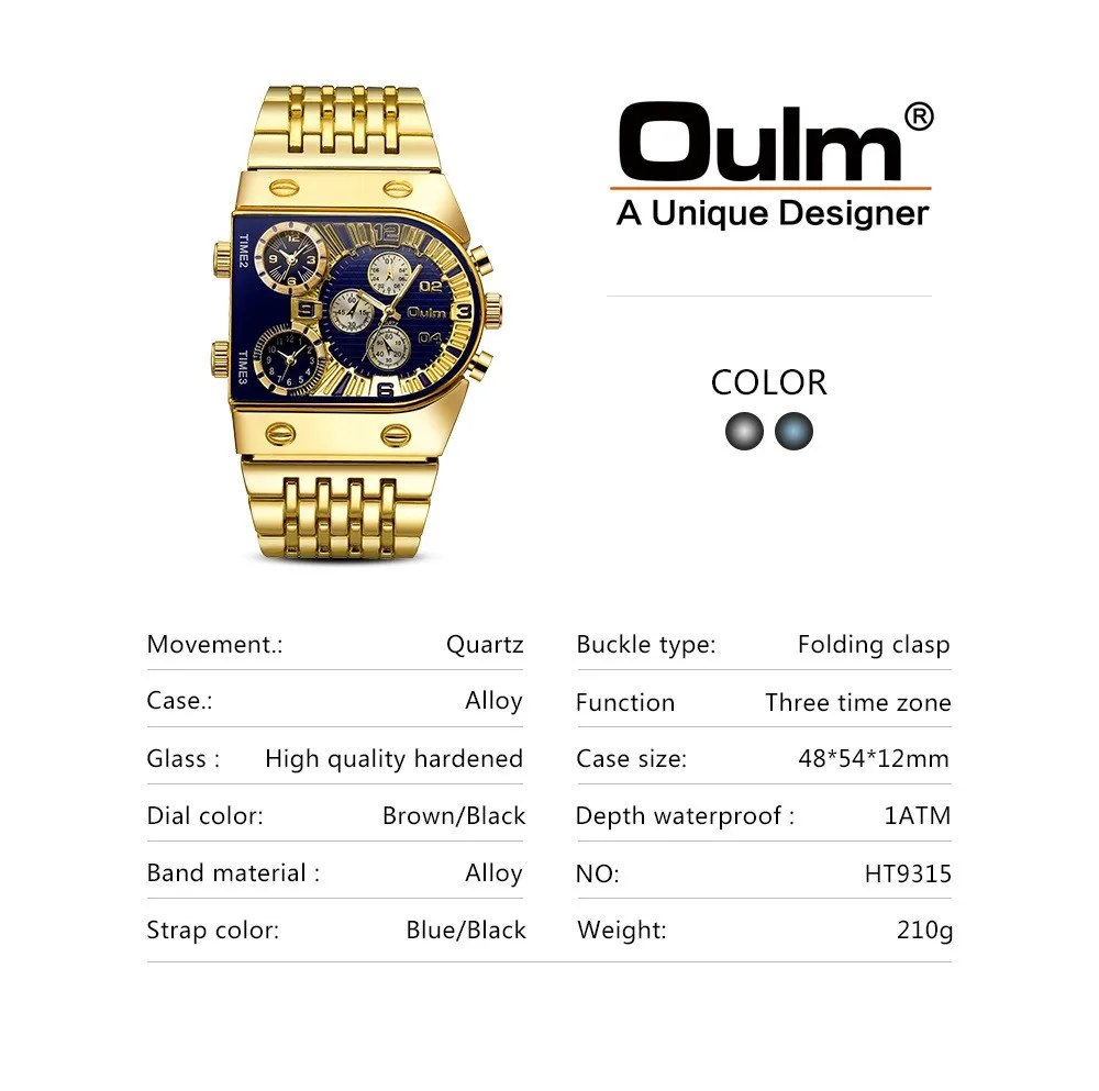 Fashion Oulm Top Brand Multi Time Zone Large Dial Luminous Men\'s Full Stainless Steel Leisure Cross-border Quartz Gold Watch