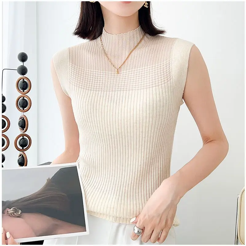 Ice Silk New Halter T-shirt Women Lace Vest Summer Sleeveless Bottom Shirt Half Turtleneck Top Hollow Knit Tank Top