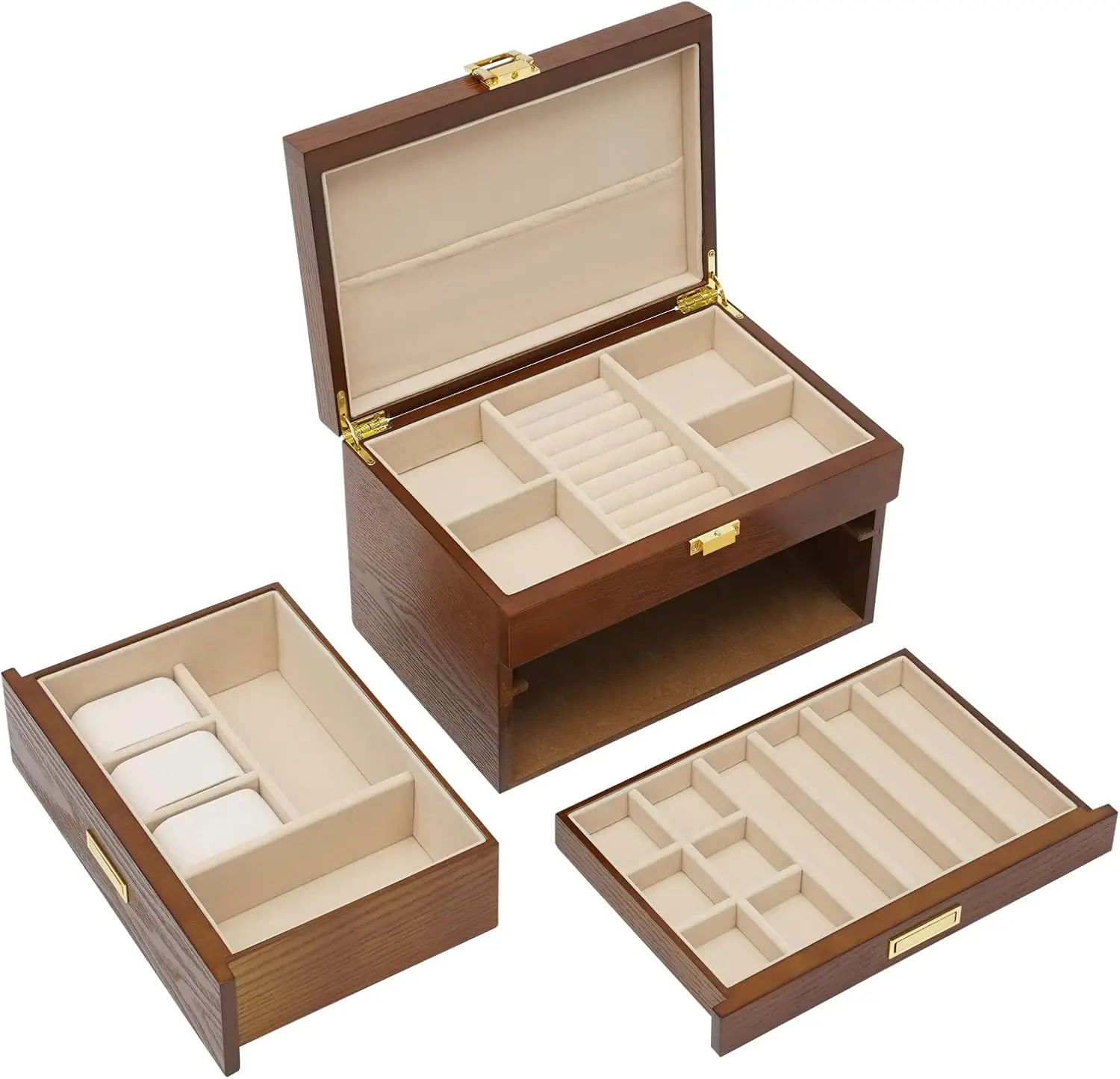 3-Layer Wooden Jewelry Organizer Box for Women, Large Storage with Soft Lining