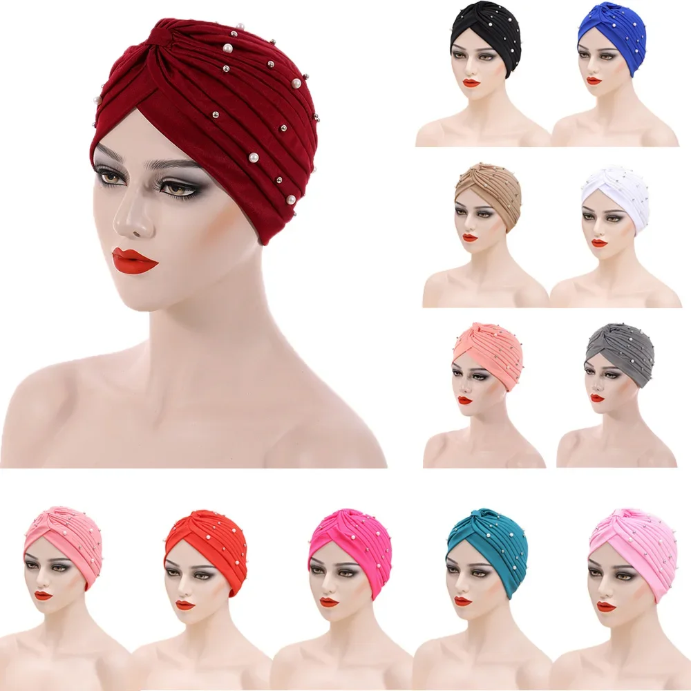 

Indian Muslim Women Pleated Pearl Hijabs Chemo Caps Turban Bonnet Cancer Hair Loss Hats Islam Headwrap Scarf Beanies Cover Mujer