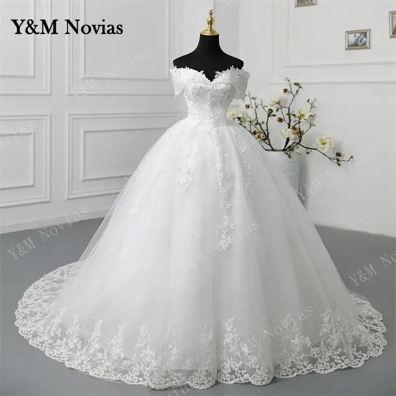 Y&M Novias Customized Off Shoulder Plus Size Vestido De Noiva Wedding Dress Long Train or Floor Appliqe Bridal Tulle Mariage