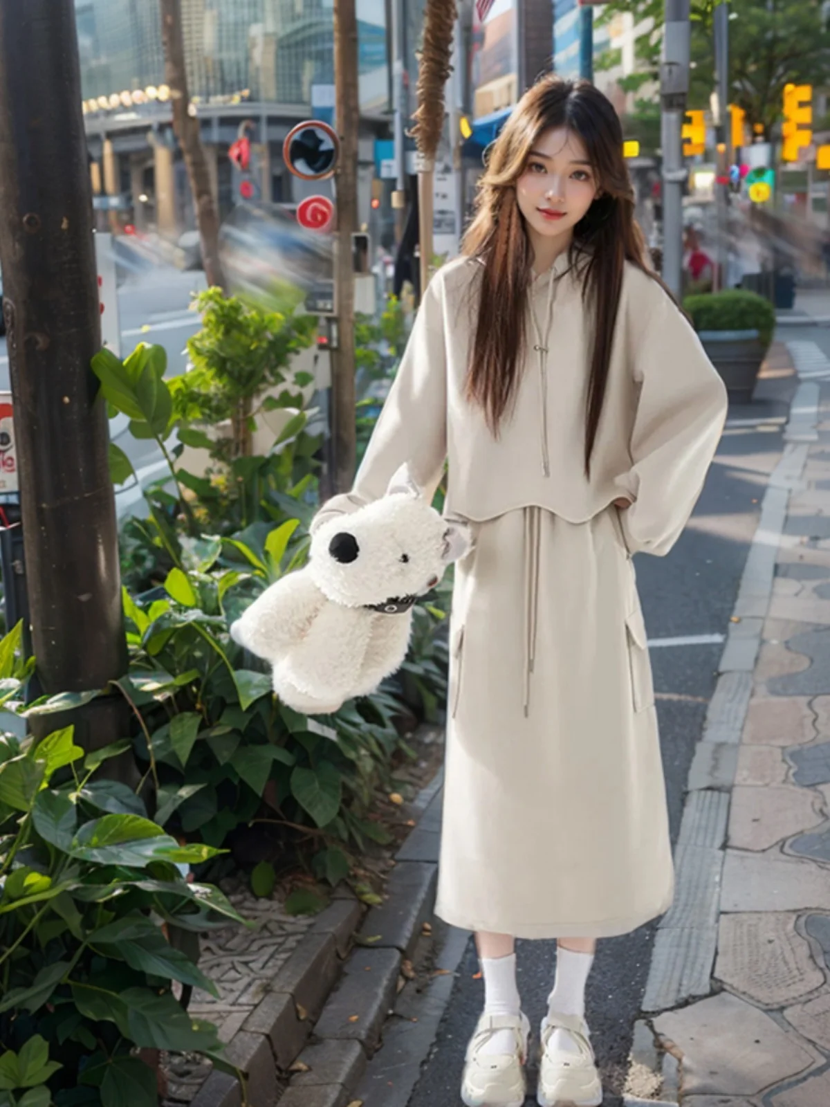 Gorro de viaje coreano Sle para mujer, conjunto largo sencillo de dos piezas, conjunto de sensación de diseño Faion, otoño e invierno