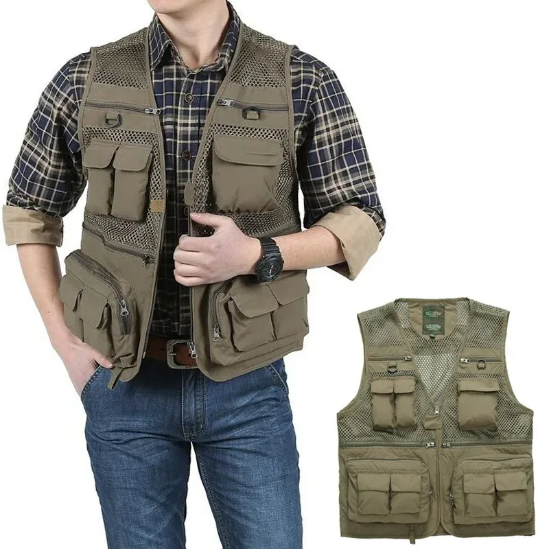 

Summer Tactical Fishing Vest Jackets Men Safari Jacket Multi Pockets Travel Sleeveless S- 7XL Plus Size