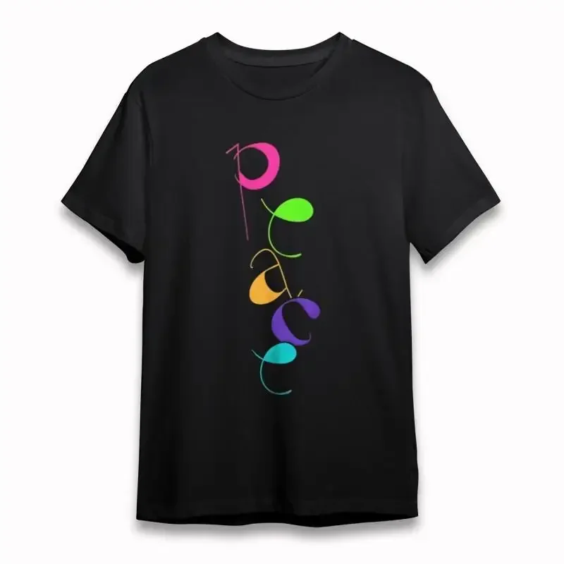 Women'S Soft Comfortable Classic T Shirt Colorful Peace Word Vertical Art