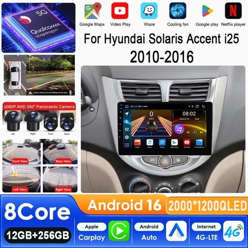 Imagen 1 del producto Android 16 Carplay Auto para Hyundai Solaris Accent i25 2010 2011 2012 - 2016 Radio de coche reproductor de vídeo Multimedia navegación estéreo