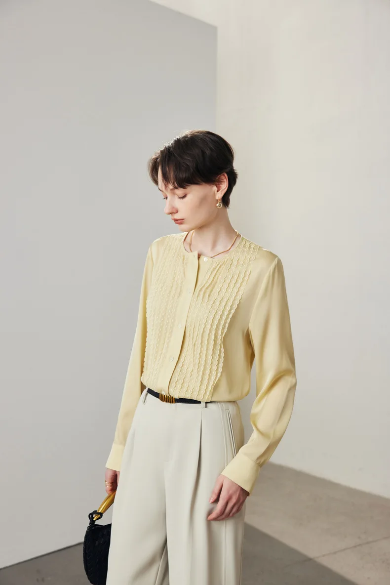 90% Silk 10% Spandex Women's Shirt O Neck Long Sleeves Ruffles Elegant Fashion Blouse Tops