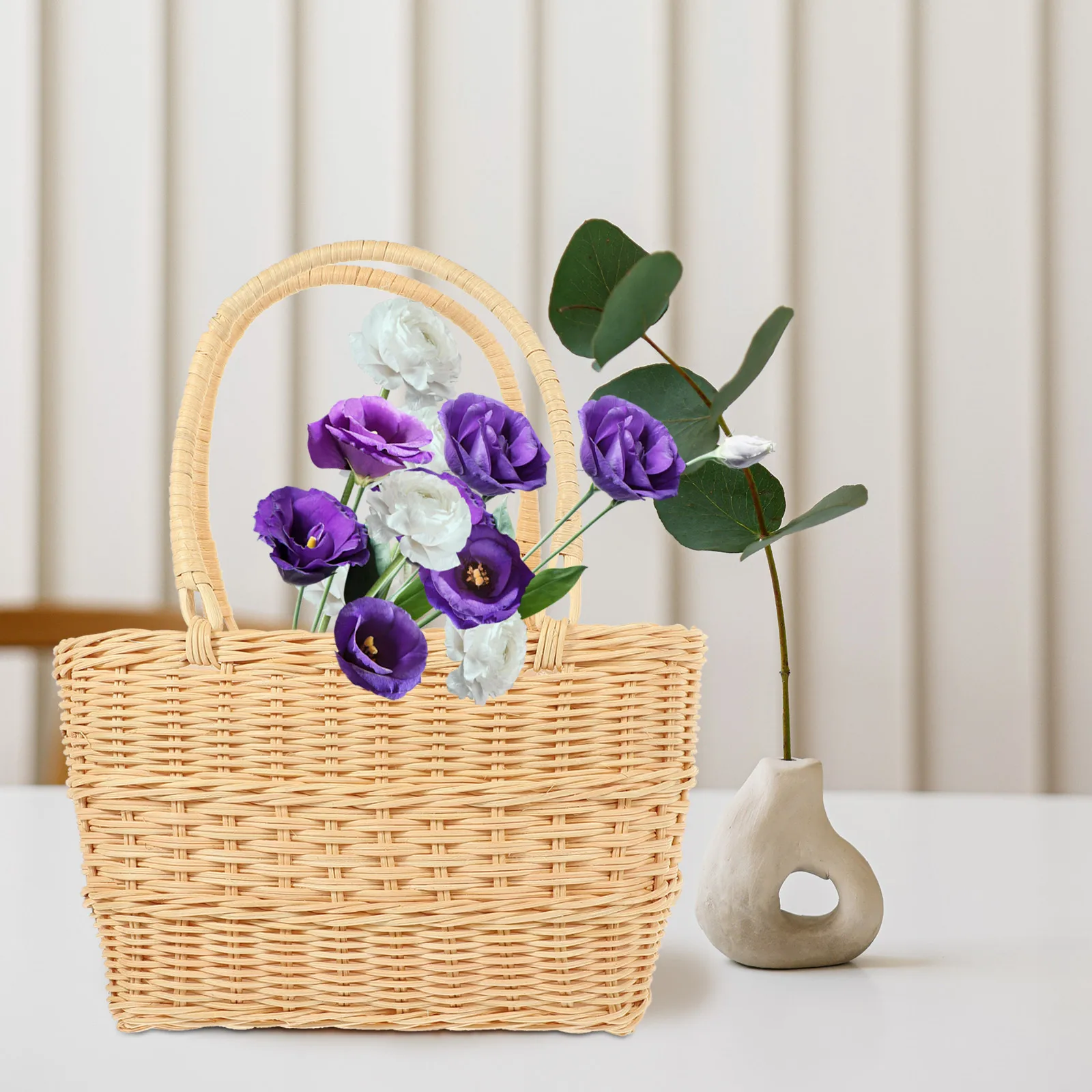 

Rattan Bag Woven Baskets Lightweight Storage Decorative Flower Arrangement Handmade Handles Large Space Home
