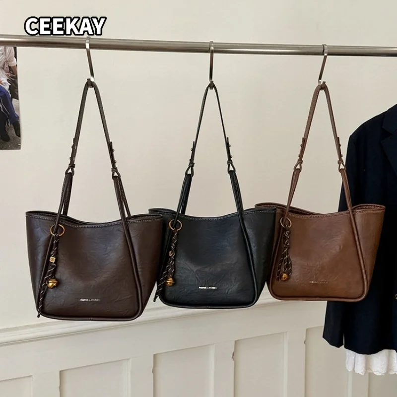 CEEKAY Women's Tote Bag Dark Brown Soft PU Leather Large Shoulder Handbag Braided Cord Metal Ring Daily Casual Minimalist