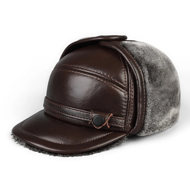 Winter Bomber Hat Men Women Russian Black Leather Ushanka Cap With Ear Flaps Fur Warm Genuine Cow Leather Brand Baseball Cap