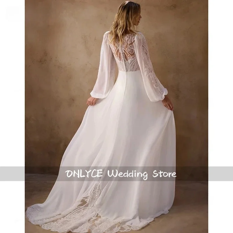 Customized Elegant Boho Wedding Dress Square Neck Lace Hollowed-out Back Chiffon Bridal Gowns Puff SleeA Line Wedding  De Novia