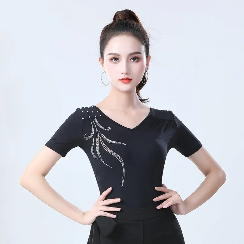 1pcs-lot-casual-style-woman-fashion-black-rhinestone-latin-dance-top-lady-short-sleeve-ballroom-dancing-v-neck-top