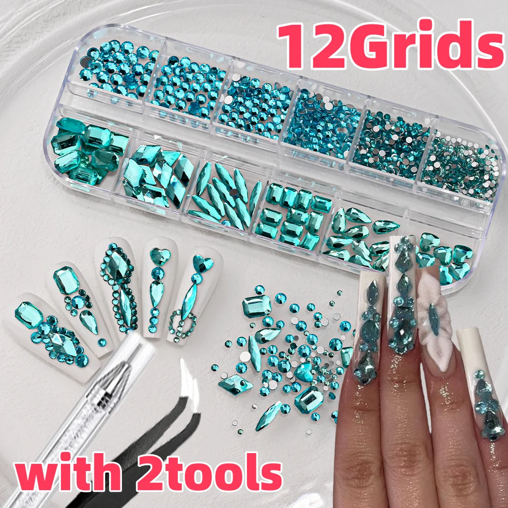 12 rejillas de diamantes de imitación 3D para decoración de uñas, color azul lago, con 2 herramientas, gemas de diamante de cristal de forma mixta, dijes para uñas para decoración de manicura de océano de verano
