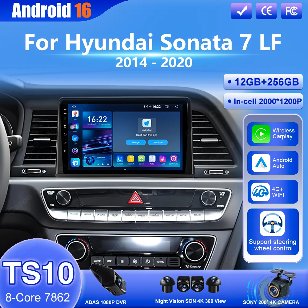 Radio estéreo Android 16 para Hyundai Sonata 7 LF 2014-2020, reproductor multimedia con Carplay, reproductor de video, 4G, Wifi, GPS, navegación, DVD para coche, Bluetooth.