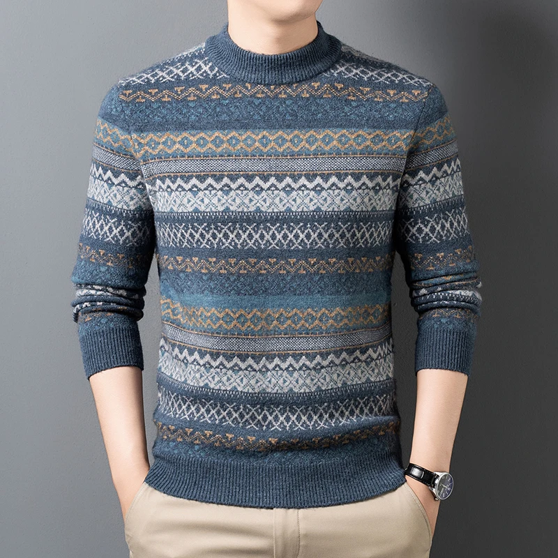 

Сверхмощный жаккардовый свитер с полувысоким воротником для мужчин, новинка 2025, осенне-зимний толстый и теплый вязаный базовый свитер