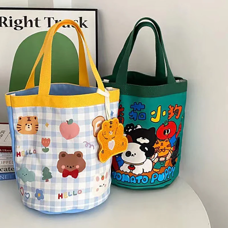 ★▲Portable Cute Animal Pattern Graffiti Bucket Bag Ins Printed Cylindrical Bag Canvas Bento Bag Handheld Lunch Box Bag