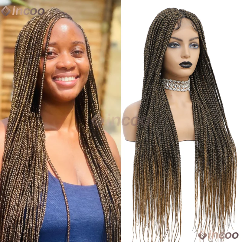 36" Synthetic Wig Lace Front Wigs for Women Cornrow High Density Lace Wig Box Brown Hair Wigs On Sale