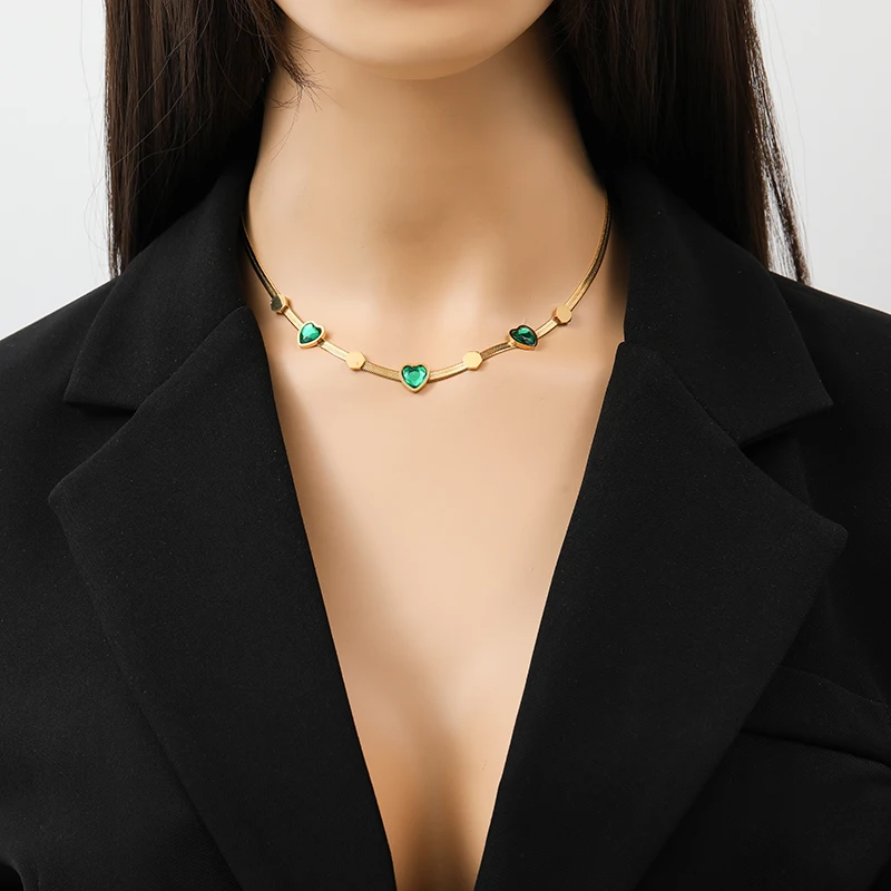 EILIECK 316L Edelstahl 1 Set Herzförmige Grüne Kristall-Halskette Ohrringe für Frauen Mädchen Mode-Schmuckset Geschenk Party – Detail 10