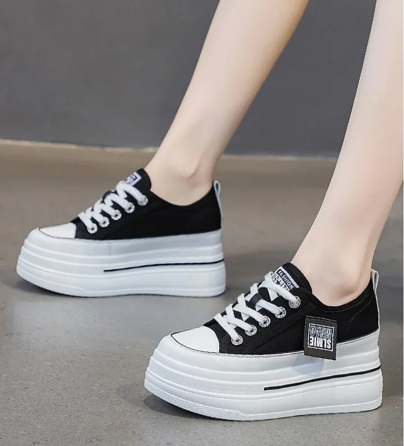 2024 New Woman Platform Sneakers Wedge Shoes Female 8cm Height Increasing Ladies Breathable Cloth Casual Shoes Canvas Shoes