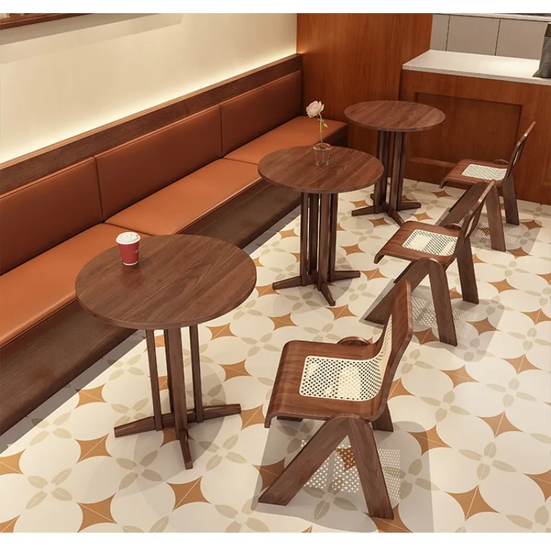 

Vintage Solid Wood Café Table and Chair Set for Retro Cake Bakery and Tea Shop, Rattan Leisure Dining Chairs Restaurant Table