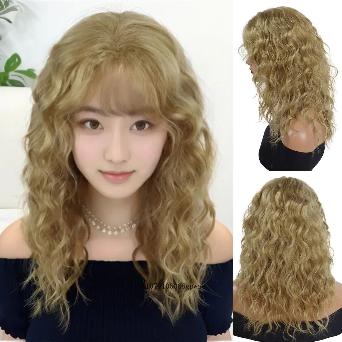 Blonde Long Wavy Synthetic Wigs for Women Lady Halloween Cosplay Wig with Bangs Natural Wave Daily Costume Party Heat Resistant